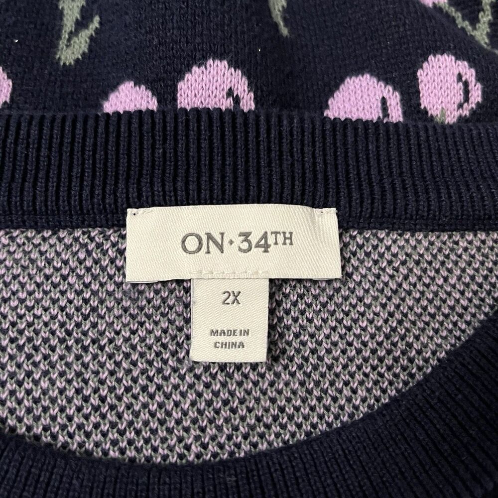 On 34th Fun Cherry Sweater Navy & Lavender Jacquard Knit Elbow Sleeve Sz 2X - Picture 6 of 13